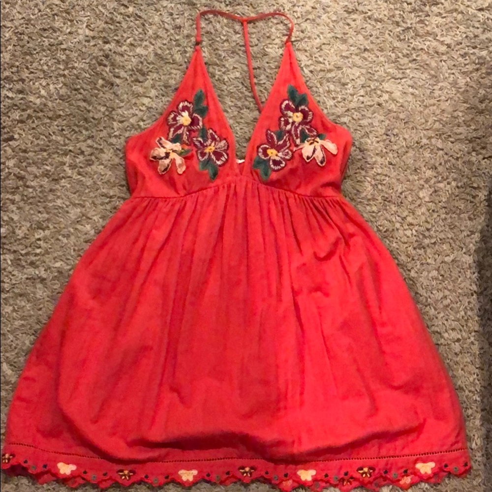 Free people red embroidered sundress with pockets